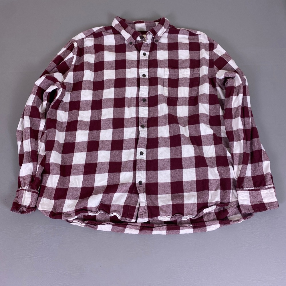 St John's Bay Flannel Shirt‎ Men's XXL Burgundy White Buffalo Plaid Long Sleeve